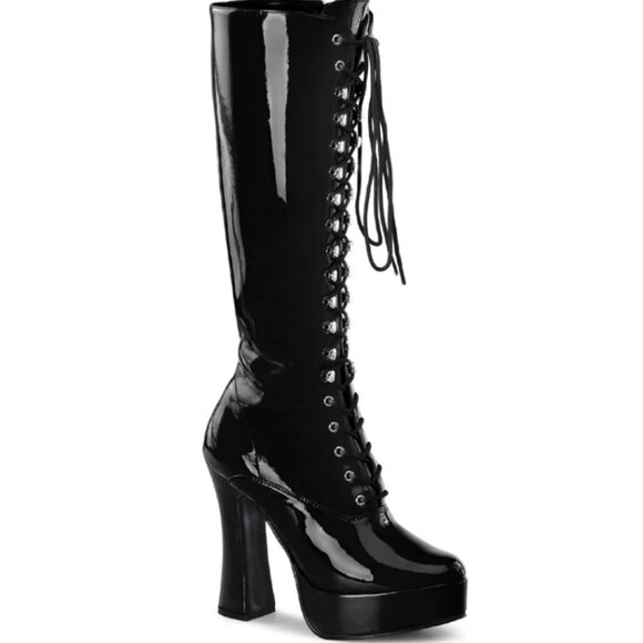 Pleaser Electra-2020 Black Patent Lace Up Chunky Heel Retro GOGO Boot Size 9 - Picture 1 of 12